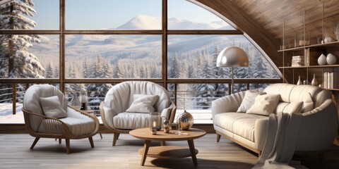 Christmas tree in the room, white, wooden, cottage house