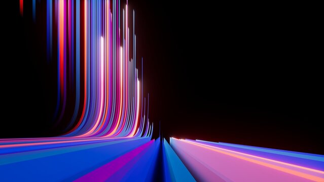 3d rendering. Abstract neon wallpaper. Colorful pink blue lines stripes and ribbons over black background