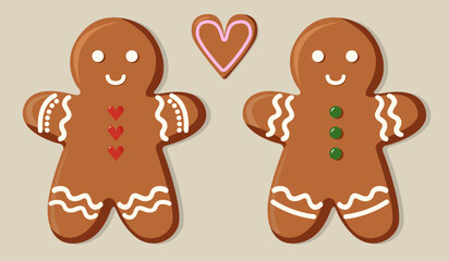 Cute gingerbread cookie man and woman with heart