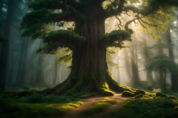 biggest tree in Green forest with sun rays through branches of trees, Scenery of nature with sunlight.