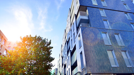 Modern residential area. Trees near the new apartment building. Nature friendly luxury real estate.