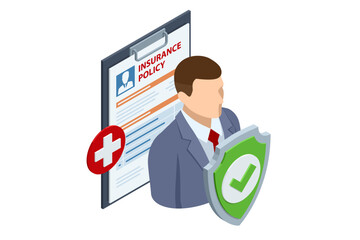 Isometric Health insurance concept. Medical insurance, healthcare medical, life, car, home, travel insurance