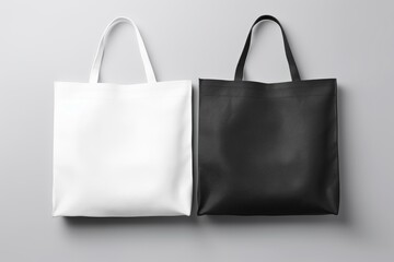Minimalist Black and White Tote Bags on Gray Background - obrazy, fototapety, plakaty