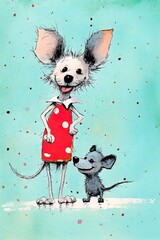 Illustration of a cute little dog and a little mouse.