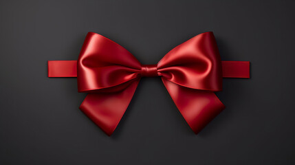A red ribbon bow adorns the scene on a dark background. Ribbon tied in the shape of a bow in a refined design. Decorative element for festivity.