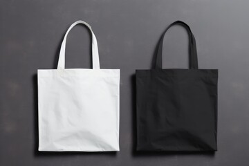 White and black tote bags mockup on a grey background - Powered by Adobe