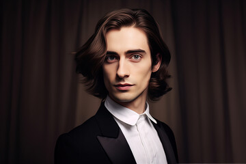 A young musician of classical music of European origin with wavy dark hair, light eyes, pale skin, white shirt, black jacket stands against the background of a dark curtain.