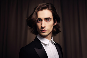 Fototapeta premium A young musician of classical music of European origin with wavy dark hair, light eyes, pale skin, white shirt, black jacket stands against the background of a dark curtain.