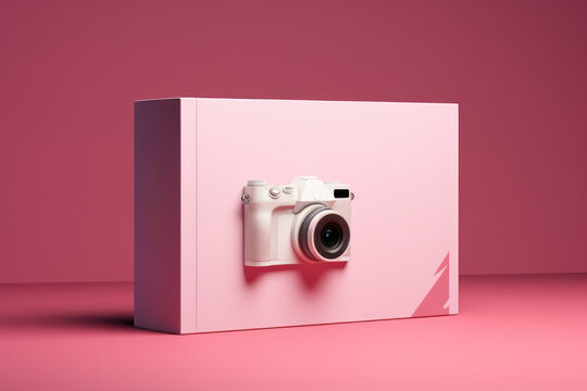 white Camera in gift box on pink Background