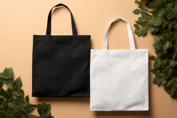 Black and White Canvas Tote Bags on Beige Background with green plants
