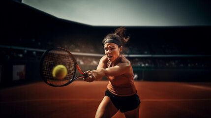 female tennis player hitting the ball with his racket on a tennis court with blurred background