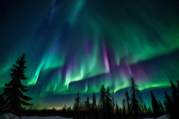 aurora borealis over the forest generated by AI technology	