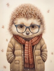 Illustration of a cute dwarf hedgehog dressed in a warm coat and scarf for the winter.