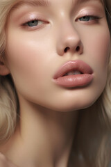 Fototapeta premium Close up lips photography. Beautiful young woman with blonde hair
