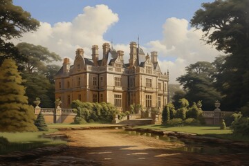 Oil Painting Landscape Stately Home Countryside Trees Fields Hills Clouds Artwork That Would Hang in Stately Home Post Impressionist Soft Brushstrokes Stunning Vista Style Illustration Classic