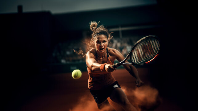 female tennis player hitting the ball with his racket on a tennis court with blurred background - Powered by Adobe