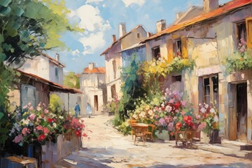 Fototapeta na wymiar Oil Painting Landscape Town Village in France Italy Europe Artwork That Would Hang in a Stately Home in a Post Impressionist Style With Soft Brushstrokes Style Illustration Classic