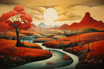 Oil Painting Landscape art Trees Hills Mountains Rivers Cloudy Sky at Sunset or Sunrise Bright Colors of Reds Oranges Blues and Yellows Stylized Illustration Unique