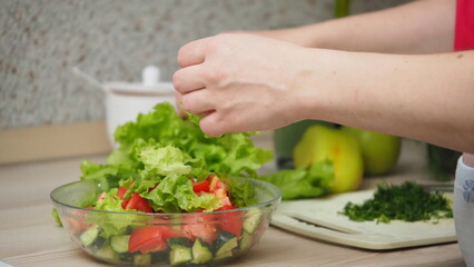 Beautiful Pregnant Woman Happily Preparing a Vegetable Salad, Organic Healthy Food, in a Cozy Home Kitchen. The Concept Of Diet, Proper Nutrition, Healthy Pregnancy and People.