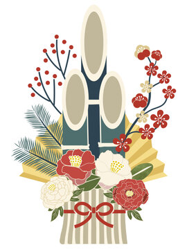 門松　豪華な門松　シンプルなタッチの門松　松竹梅に椿と牡丹の花であしらわれた門松のイラスト　ベクターイラスト　クリップアート