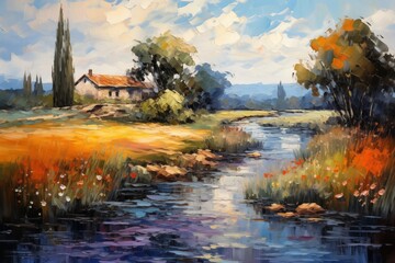 Oil Painting Landscape River Countryside Trees Mountains Fields Hills Clouds Artwork That Would Hang in Stately Home Post Impressionist Soft Brushstrokes Stunning Vista Style Illustration Classic 
