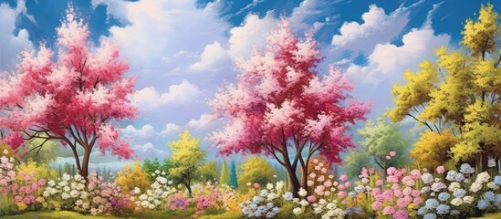 In the picturesque summer landscape the vibrant spring flowers painted a beautiful backdrop of nature with a pattern of colorful blooms against the textured wood of the trees while the sky 