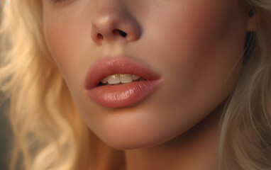 Obraz premium Close up lips photography. Beautiful young woman with blonde hair