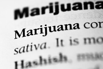 Marijuana, addictive and illegal substance or drug printed in black on white page of book close-up...