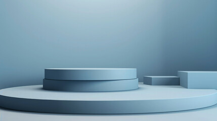 Blue room interior, with smooth blue concrete wall and lights on ceiling, ground with podium in circle, modern design, architecture