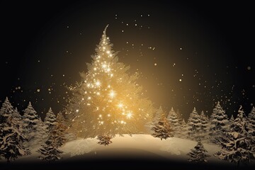 Golden Christmas Tree and Glittering Snow Illustration - Modern and Elegant Festive Greeting Card