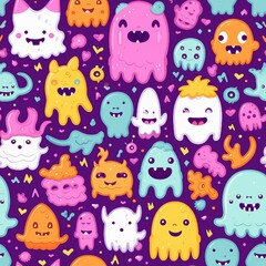 Naklejka premium Playful Kawaii Monsters and Ghosts Pattern