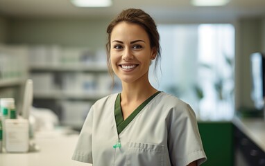 Fototapeta premium A female nurse wearing green scrubs smiling at a patient behind a counter in a bright medical laboratory