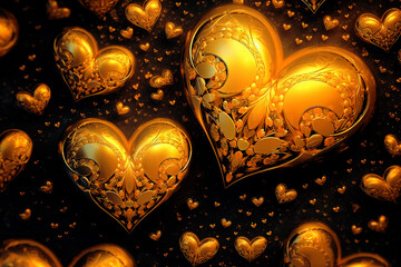 Beautiful gold hearts pattern on black background close up. AI technology.