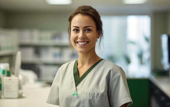 A Female Nurse Wearing Green Scrubs Smiling At A Patient Behind A Counter In A Bright Medical Laboratory