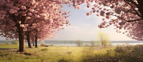 In the picturesque landscape of Brandenburg the arrival of spring brings a burst of life as cherry blossoms bloom adorning the trees with delicate pink petals and filling the air with the sw - obrazy, fototapety, plakaty