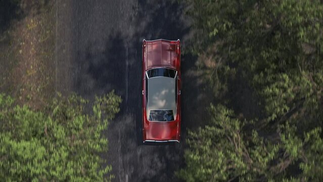 Vintage Red Car on a Highway Journey Through a Forested Landscape &ndash; Top View, Loopable 3D Animation for Summe