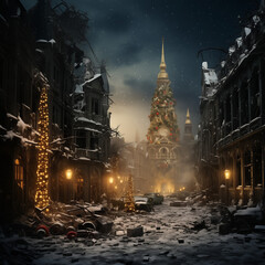 Fototapeta premium a city destroyed by bombing with decorated Christmas