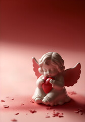 Ceramic angel holding a heart. Copy space - obrazy, fototapety, plakaty