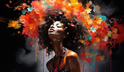 Portret czarnoskórej kobiety z kwiatami we włosach - obrazy, fototapety, plakaty
