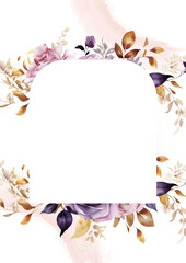 Purple violet and pink vector realistic golden luxury invitation with flora and flower