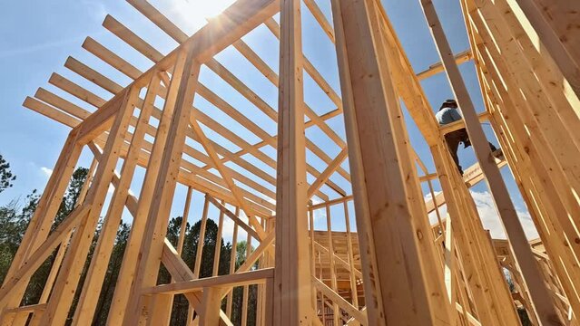 Framing beam provides structural support layout of joists to new built wooden home