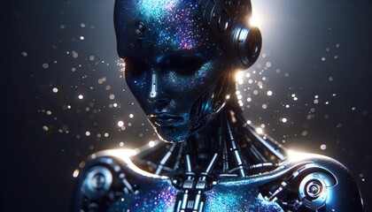 Kosmischer Humanuide KI, Maschine Computer Androide Sternenstaub im mechanischen Sinnbild - obrazy, fototapety, plakaty