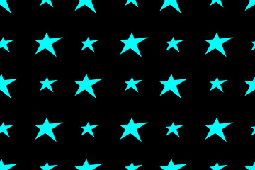 Bright neon blue star. Contrast stars on the black background. Shiny night sky. Party and holidays. Dream and sleep. Seamless vector pattern for design and decoration.
