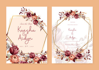 Fototapeta na wymiar Red and orange rose and dahlia set of wedding invitation template with shapes and flower floral border