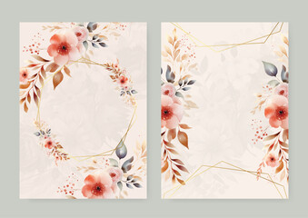 Peach anemones elegant wedding invitation card template with watercolor floral and leaves