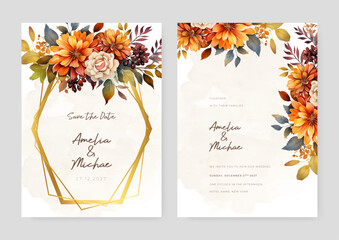 Orange and beige dahlia elegant wedding invitation card template with watercolor floral and leaves