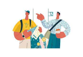 Mutual Support: Directing a passerby -modern flat vector concept illustration of man pointing the way to a tourist. A metaphor of voluntary, collaborative exchanges of resource, services