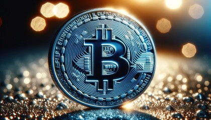 Bitcoin im Glitzernden Fokus, Scheinwerferlicht, Blaue Romantik trifft auf digitale Währung - obrazy, fototapety, plakaty
