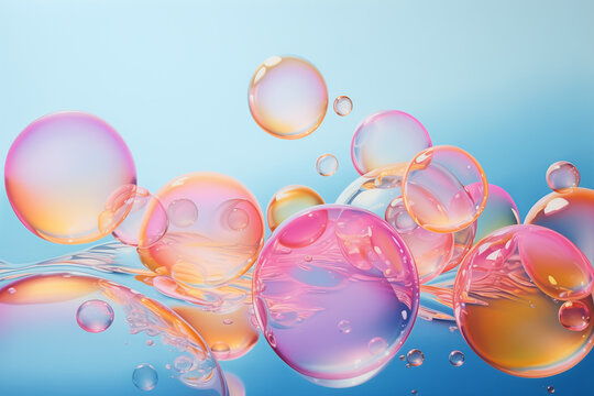 Bright colorful soap bubbles flying and floating - background