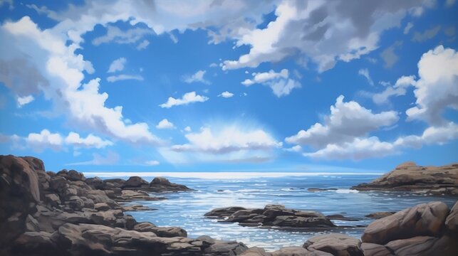 Clouds ocean white sky from rocky beaches landscape wallpaper image AI generated art